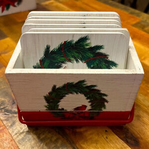 COASTER HOLDER WITH 6 coasters, Christmas, Holiday Decor, wood, New Without Tags